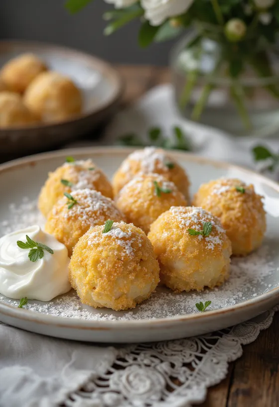 Мягкие творожные кнедлики со сладкой сметаной и поджаренными панировочными сухарями.