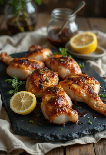 Барбекю из гремучей змеи, поданное на деревянном блюде с соусом барбекю.