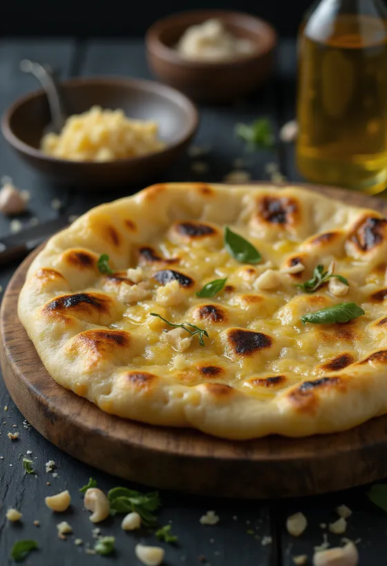 Чапати с чесночным маслом, свежеиспеченный, поданный к столу