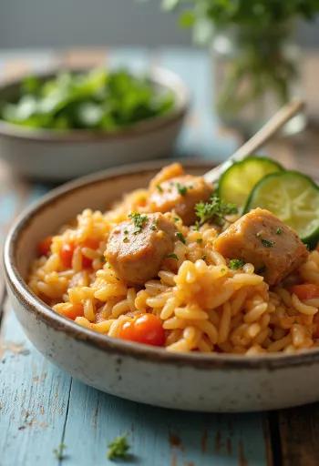 Мясо с рисом с сочной свининой и овощами, богато приготовленное.