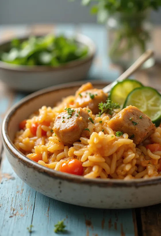 Мясо с рисом с сочной свининой и овощами, богато приготовленное.