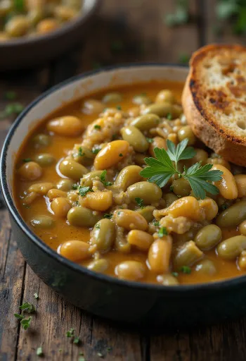 Рагу из стручковой фасоли в густом сметанном соусе, посыпанное свежим укропом