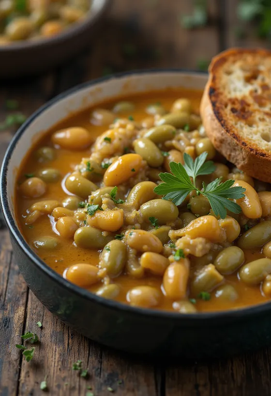 Рагу из стручковой фасоли в густом сметанном соусе, посыпанное свежим укропом