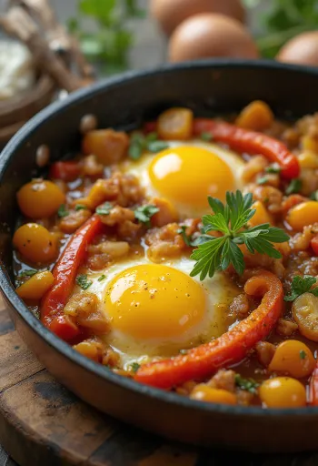 Рататуй из разноцветных жареных овощей, украшенный свежей зеленью