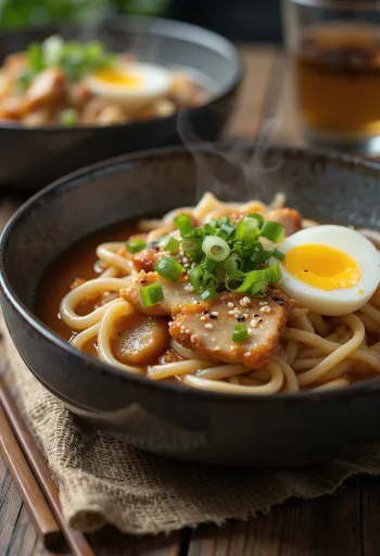 Стамина удон, поданная в миске лапша удон с жареной курицей, яйцом и соусом на основе соевого соуса