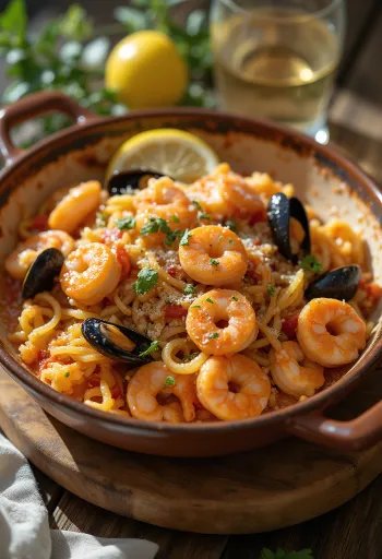 Калдейрада де мариско, поданная с морепродуктами и овощами, свежей петрушкой.