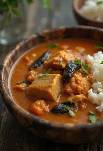 Суп Эгуси с копченой рыбой, подается в густом мясном и овощном соусе.