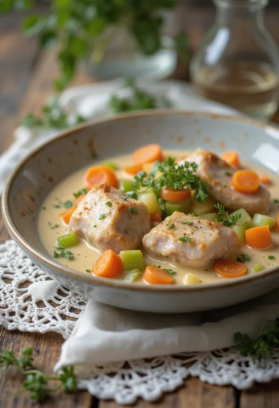 Фрикасе из кролика с кремовым соусом и свежей петрушкой