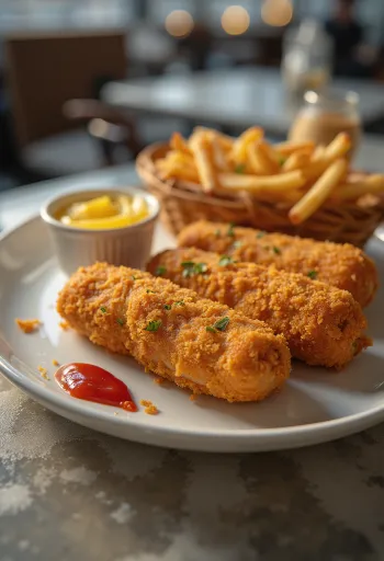 Жареные до золотистой корочки сосиски в панировке, поданные со свежей горчицей и кетчупом.