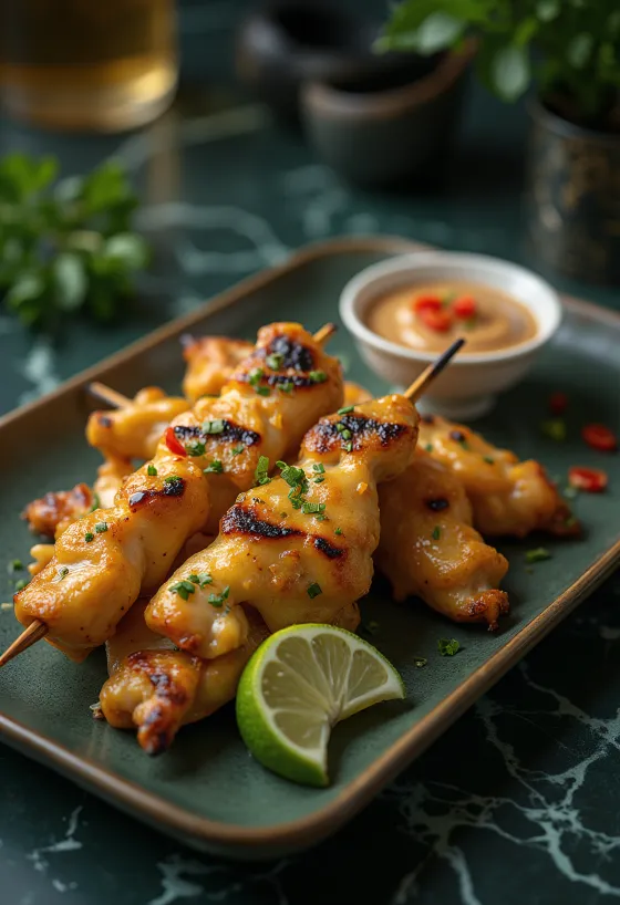 Сатай из курицы при подаче с арахисовым соусом
