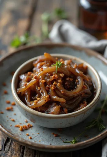 Соус из карамелизированного лука с чили в миске, украшенный свежим чили.