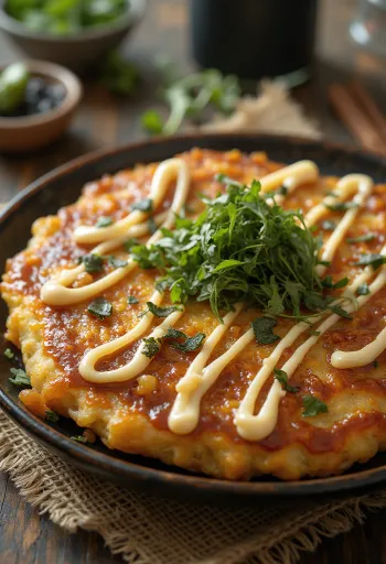 Классическое окономияки, поданное со соусом окономияки и хлопьями бонито