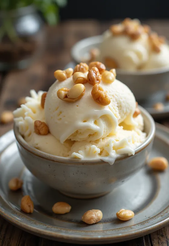 Кремовое мороженое с орехом макадамия сервированное