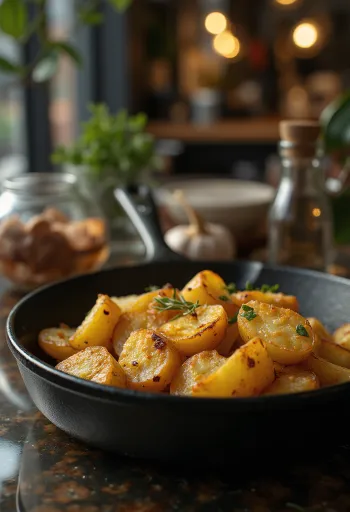 Золотисто-коричневый, хрустящий запеченный картофель со свежей зеленью.