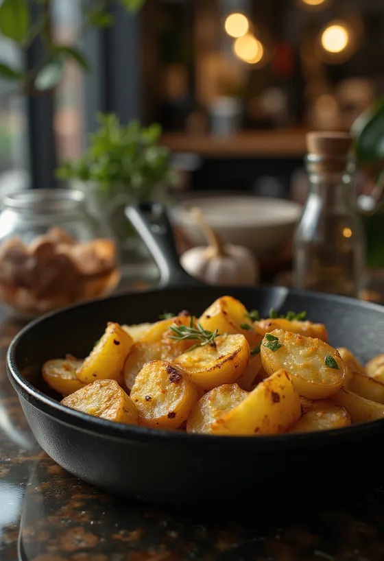Золотисто-коричневый, хрустящий запеченный картофель со свежей зеленью.
