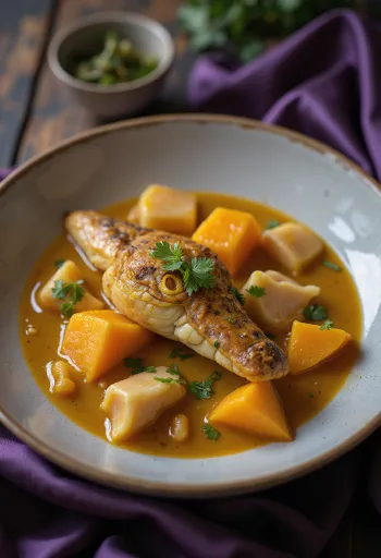 Карри из крокодила и тыквы, поданное в миске со свежим кориандром.