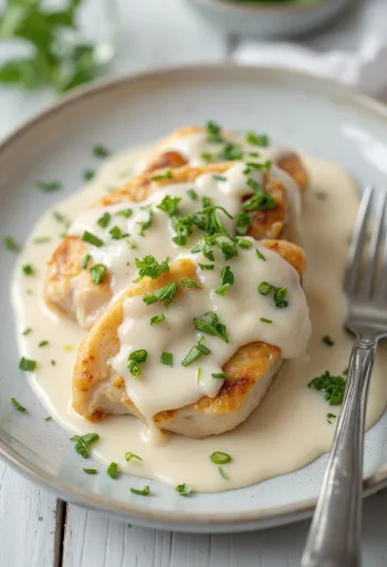 Сочная куриная грудка в сливочном соусе, посыпанная свежей петрушкой и поданная с макаронами.