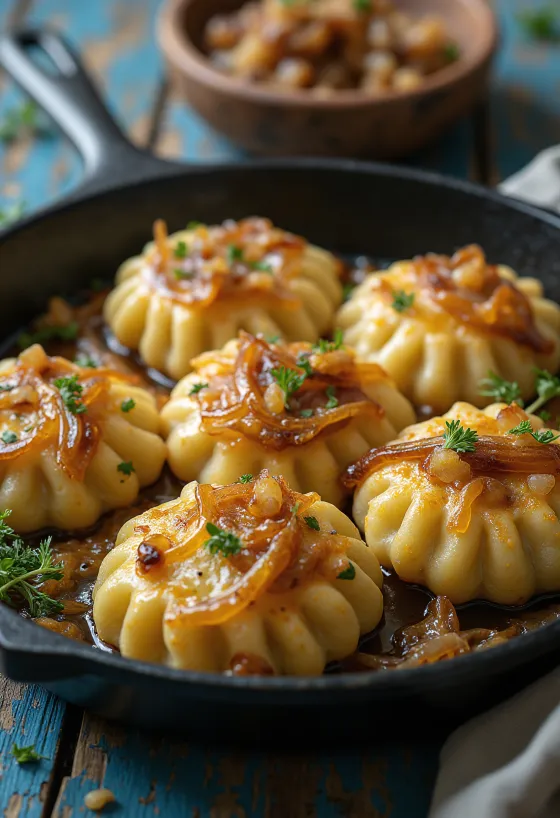 Хрустящие дёдёлле, поданные со сметаной и жареным луком