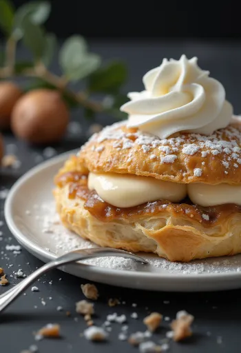 Пирожное кремеш с каштаном на тарелке