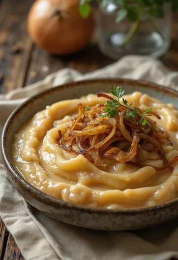 Карамелизованный луковый соус, поданный со свежим хлебом