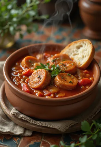 Лечо с колбасой, поданное со свежим перцем, помидорами и копченой колбасой