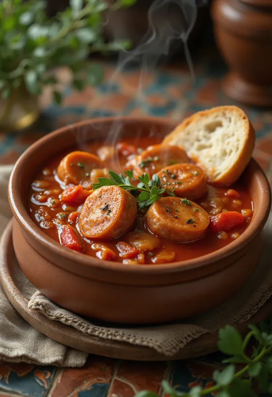 Лечо с колбасой, поданное со свежим перцем, помидорами и копченой колбасой