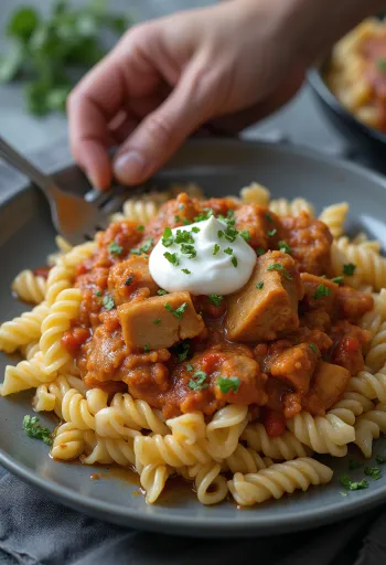 Пёркёльт с макаронами и сметаной при подаче