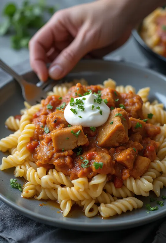 Пёркёльт с макаронами и сметаной при подаче