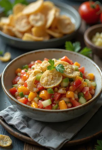 Разноцветная овощная сальса в миске, посыпанная жареным чесноком