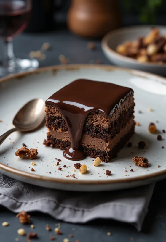 Кусочек шоколадного пирожного Риго Янчи на белой тарелке