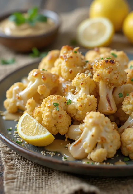 Салат из запеченной цветной капусты с соусом тахини, поданный со свежей петрушкой и жареным кунжутом.