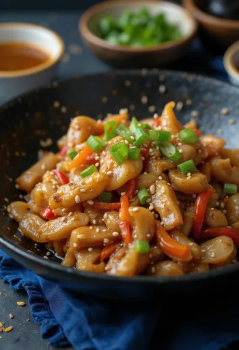 Стир-фрай из крокодила, поданный с рисом и овощами.