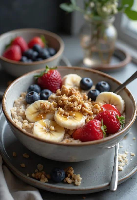 Овсяная каша, поданная со свежими фруктами и орехами