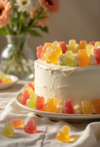 Разноцветный торт с мармеладными мишками с покрытием из белой мастики и украшением из мармелада