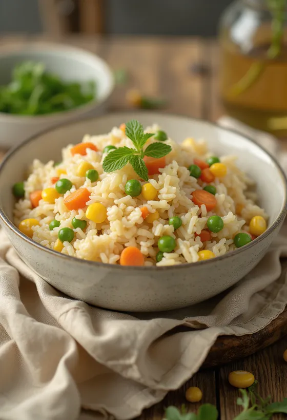 Рис с овощами, посыпанный разноцветными овощами и свежей зеленью