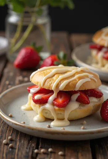 Бао-бургер с клубникой и белым шоколадом сервировка