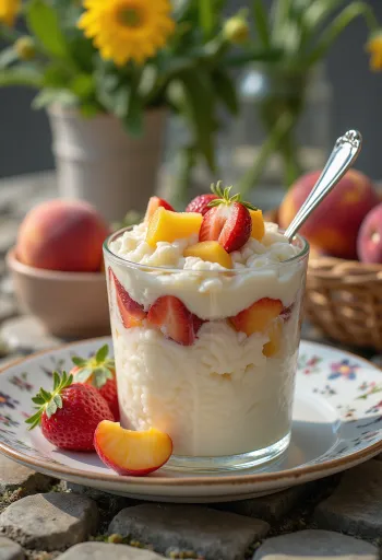 Фруктовый рис, украшенный кусочками свежих фруктов и взбитыми сливками
