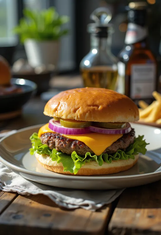 Классический американский бургер с сочной котлетой и сыром чеддер