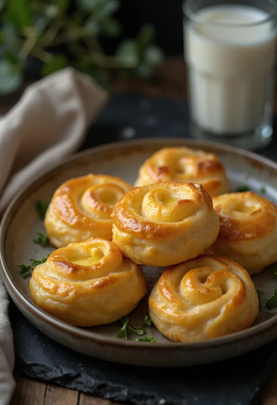 Сырные улитки, запеченные до золотистого цвета, с хрустящим тестом и расплавленным сыром, поданные на подносе.