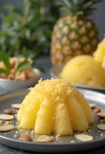 Кокосово-ананасовый кульфи, мороженое с кусочками ананаса и украшением из розовой воды