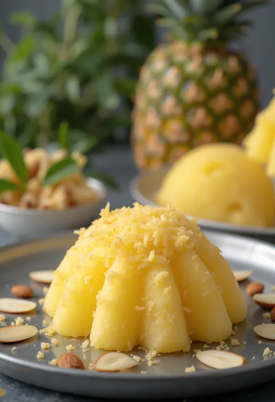 Кокосово-ананасовый кульфи, мороженое с кусочками ананаса и украшением из розовой воды