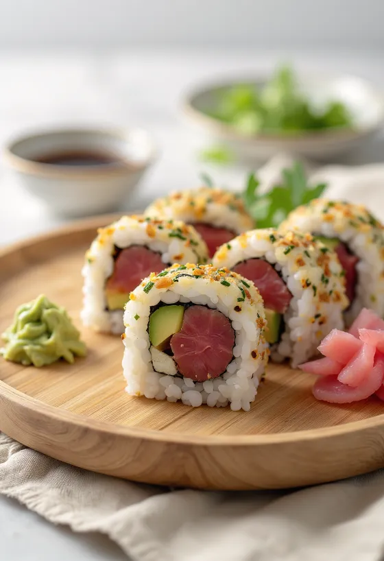 Суши с тунцом подаются со свежими овощами и соевым соусом