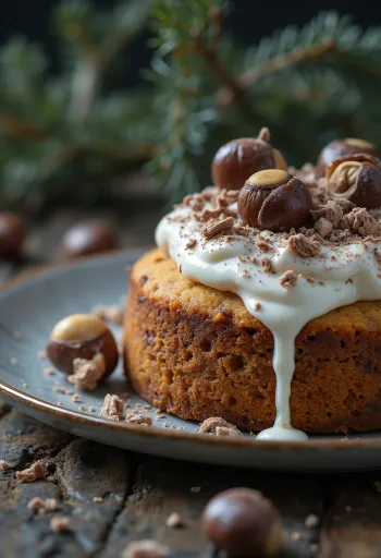Зимний каштановый торт, украшенный темным шоколадом и орехами