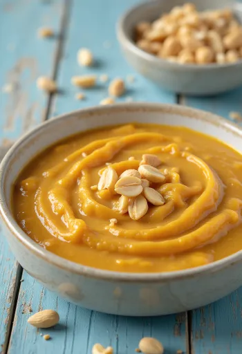 Арахисовый соус с карри, поданный в миске со свежим кориандром.