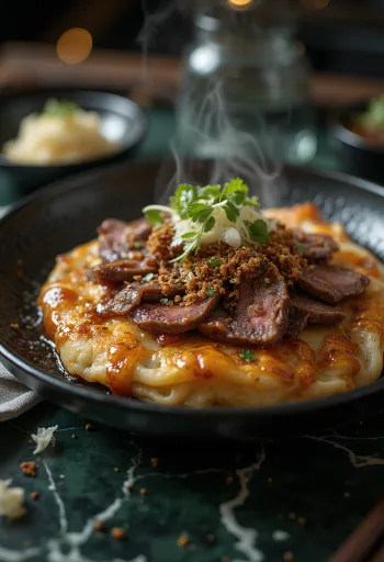 Окономияки с говядиной, поданный с соусом окономияки и стружкой тунца