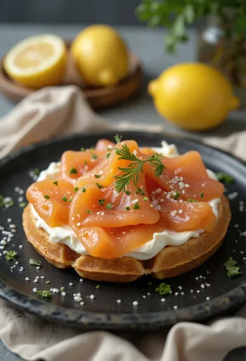 Скандинавские вафли с гравлаксом, укропным сливочным сыром и лососем