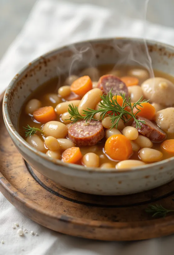 Традиционный фасолевый суп с чипетке, поданный на бульоне из копченостей