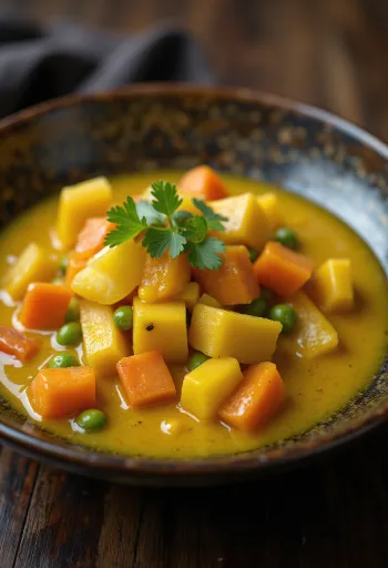 Овощной соус с карри в миске, украшенный свежим кориандром.