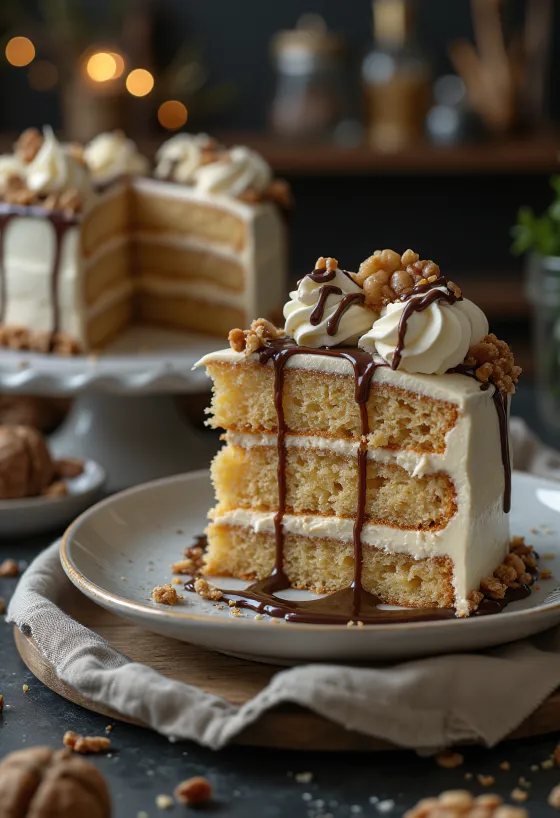 Кусочек каштанового торта с ореховым кремом