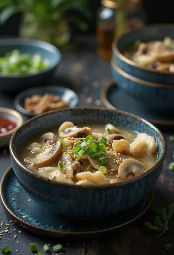 Грибной суджеби, корейский суп с лапшой, грибами и луком-пореем